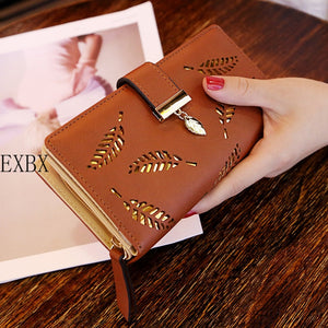 EXBX Women Wallet Hollow Golden Leaf Buckle Wallet PU Leather Purse Female Long Wallet for Women Coin Purse Card Holders Clutch | TageUnlimited