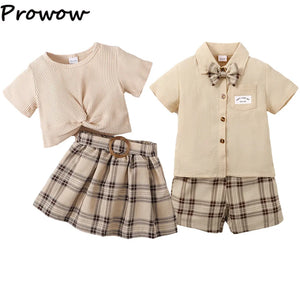 2-6Y Sister Brother Matching Clothes Outfit Solid T-shirt+Belted Plaid Skirts Set Summer Kids Twins Clothes For Boy Girls | Kid's matching sets | TageUnlimited