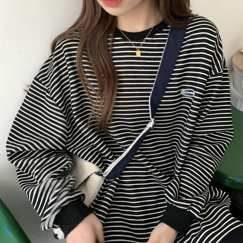 Popular Women T-shirts Striped Retro Comfort Slouchy Long Sleeve Tees Students Boyfriend Couple Trendy Females Tops Ulzzang Hot | TageUnlimited