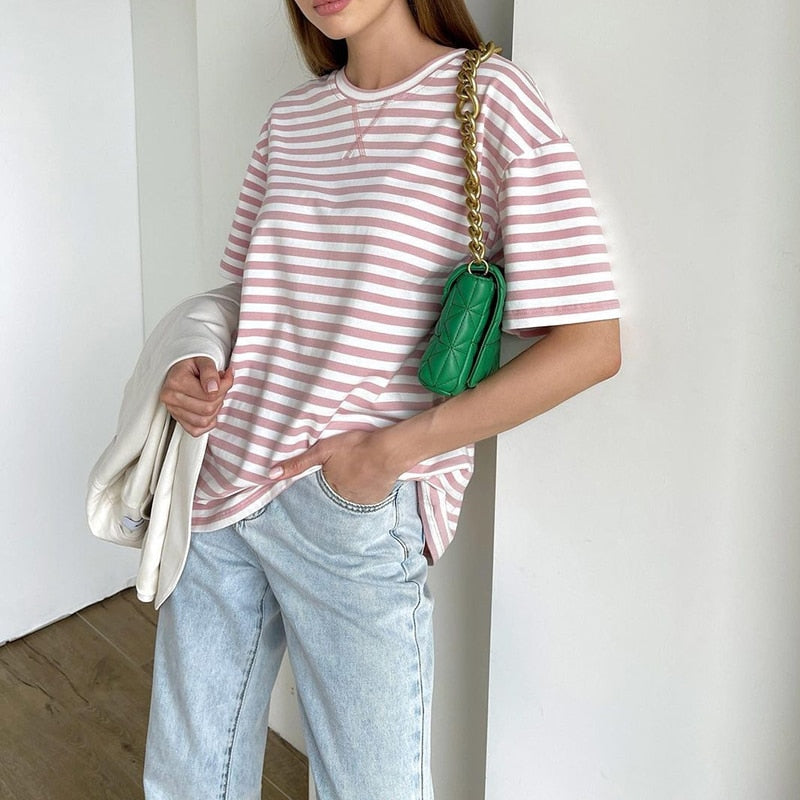 Summer Short Sleeve Striped T-Shirts Women Knitted Basic Casual Tops Female Cozy Loose Cotton Tees Harajuku Shirt | TageUnlimited
