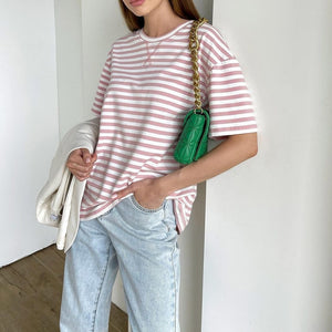 Summer Short Sleeve Striped T-Shirts Women Knitted Basic Casual Tops Female Cozy Loose Cotton Tees Harajuku Shirt | TageUnlimited