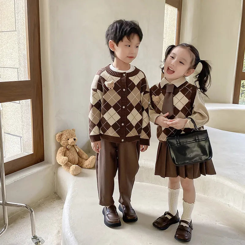 Fashion Children Boy Girls Matching Clothes Plaid Knitting Sweater Tops Pleated Skirt Pant Bear Outwear Spring Fall Clothing Set | TageUnlimited