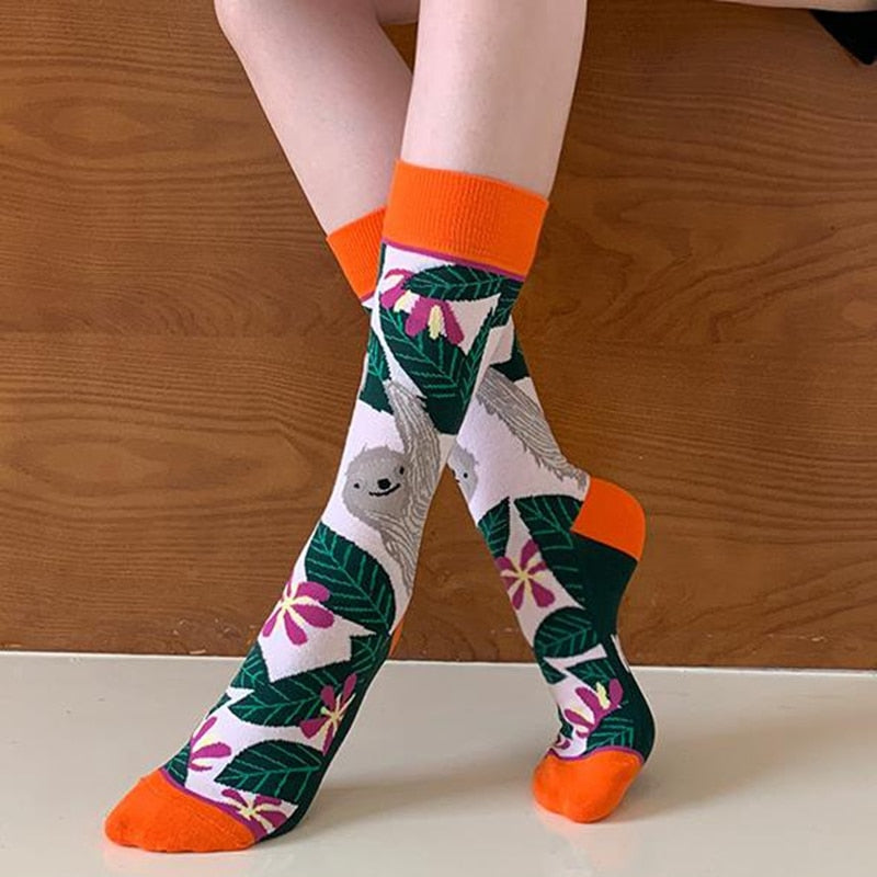 Fashion Colorful Autumn Winter Stocking  Women Socks  Plant Hedgehog Slothsi Cotton Socks Personality Straight Trendy Socks | TageUnlimited