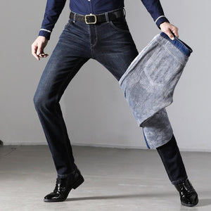 Winter Thermal Warm Flannel Stretch Jeans Mens Quality Famous Brand Fleece Pants Men Straight Flocking Trousers Jean Male | TageUnlimited