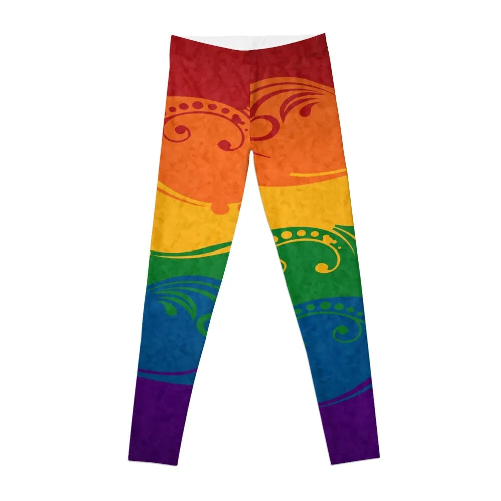 Fancy Swooped and Swirled LGBTQ Pride Rainbow Flag Background Leggings Sportswear sporty woman gym new in pants & capris | LGBTQ+ Gifts | TageUnlimited