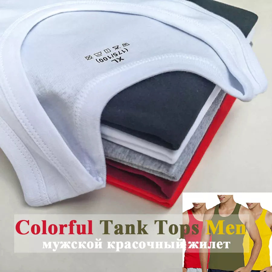 Tank Tops Men Summer 100% Cotton Cool Fitness Vest Sleeveless Tops Gym Slim Colorful Casual Undershirt Male 7 Colors 1PCS