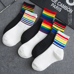 LGBT Striped Fashion Korean Streetwear Women Rainbow Socks Warm Funny Candy White Black Short Winter Cotton Sport Socks