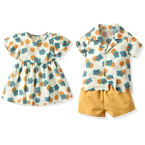 Summer Fashion Flower Kids Boy and Girl Matching Outfits Twin Brother Sister Hawaiian Print Toddler Boy Clothing Sets Tutu Dress | Kid's matching sets | TageUnlimited
