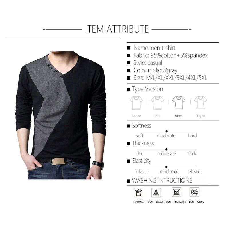 BROWON Brand Autumn Mens T Shirts Fashion  Streetwear Long Sleeve V Neck Color Patchwork Cotton T Shirt Men | TageUnlimited