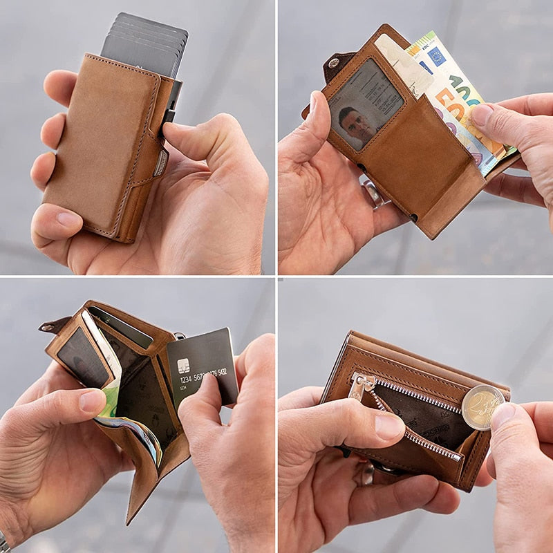 Pop-Up Credit Card Case with RFID Protection Genuine Leather  Wallet with Compartment for Notes and Coins for Men and Women | TageUnlimited