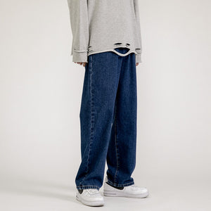 Korean Fashion Men Baggy Jeans Classic All-match Solid Color Straight-leg Denim Wide-leg Pants Male Light Blue Grey Black | TageUnlimited