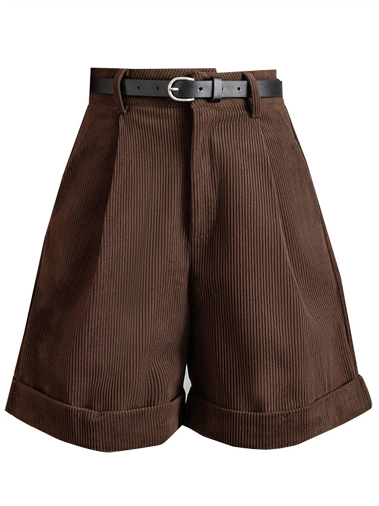 Seoulish New Corduroy Women Cargo Shorts with Belted Autumn Winter High Waist Wide Leg Shorts Vintage Female Trousers | TageUnlimited