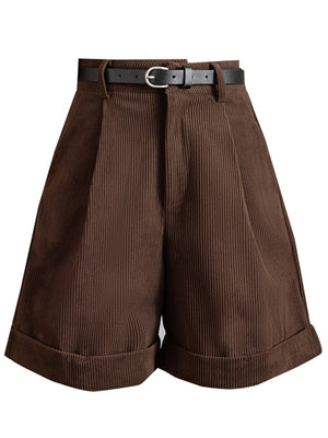 Seoulish New Corduroy Women Cargo Shorts with Belted Autumn Winter High Waist Wide Leg Shorts Vintage Female Trousers | TageUnlimited