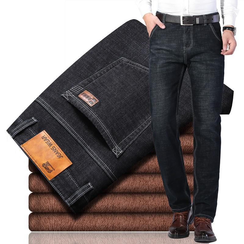 Winter Thermal Warm Flannel Stretch Jeans Mens Quality Famous Brand Fleece Pants Men Straight Flocking Trousers Jean Male | TageUnlimited