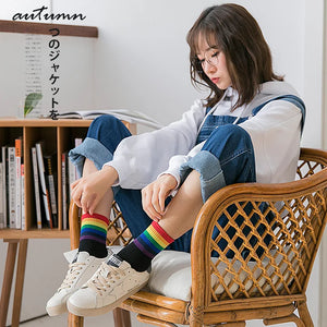 LGBT Striped Fashion Korean Streetwear Women Rainbow Socks Warm Funny Candy White Black Short Winter Cotton Sport Socks