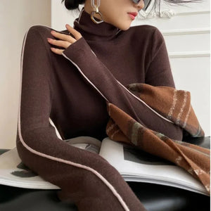 Pullovers Women Striped Turtleneck Warm Knitted Sweaters Autumn Y2K Elegant Korean Office Ladies Simple Design Bottom Jumpers