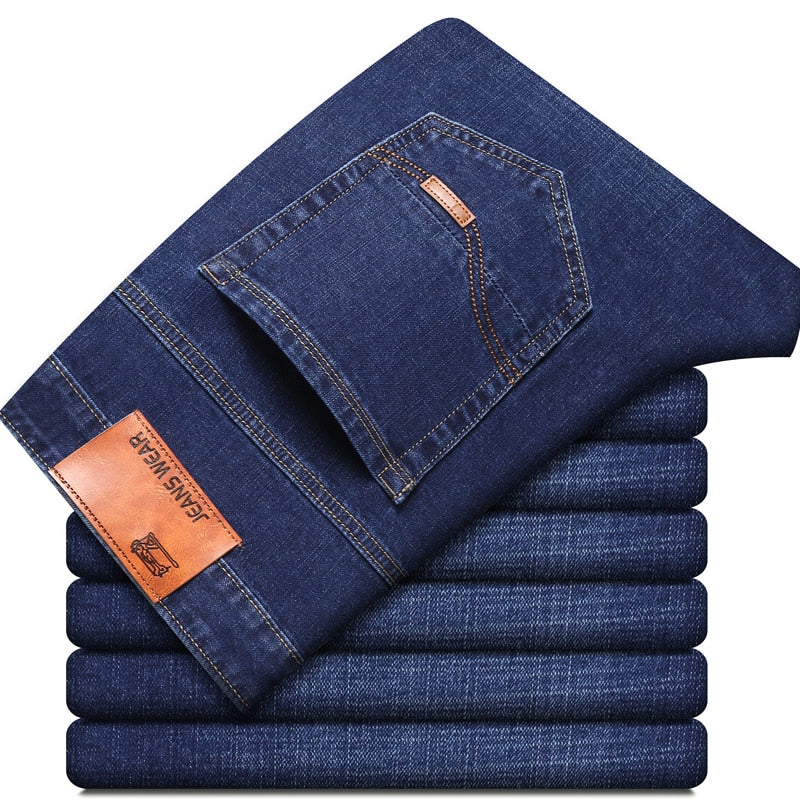 Men Fashion  Business Casual Stretch Slim Jeans Classic Trousers Denim Pants Male Black Blue | TageUnlimited