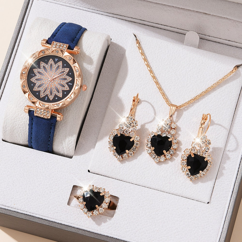 5pcs Set Watches Women Leather Band Ladies Watch Simple Casual Women Analog WristWatch Bracelet Gift | TageUnlimited