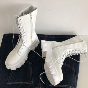 Women Mid Calf Boots Autumn Winter Boots Woman Fashion Lace-up Ladies Chelsea Zipper Botas Mujer Platform Heel Ladies Shoes | TageUnlimited