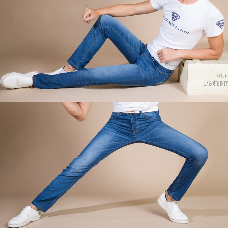 Brother Wang Classic Style Men Brand Jeans Business Casual Stretch Slim Denim Pants Light Blue Black Trousers Male | TageUnlimited