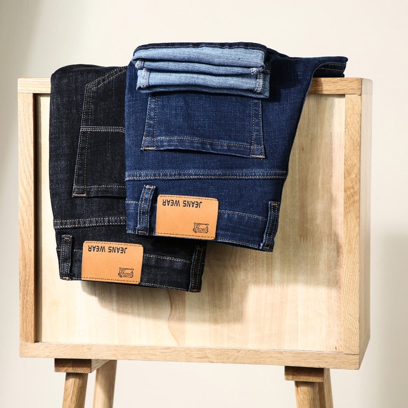 Men Fashion  Business Casual Stretch Slim Jeans Classic Trousers Denim Pants Male Black Blue | TageUnlimited