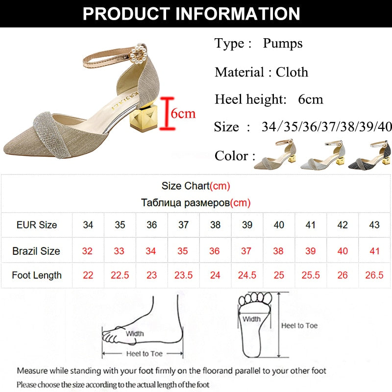 Bling Crystal High Heels Pumps Women Elegant Pearl Buckle Square Heels Wedding Party Shoes Ladies Pointed Toe Ankle Strap Pumps | TageUnlimited