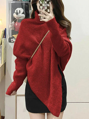 Turtleneck Sweater Women  Baggy Fashion Design Pullover French Solid Color Thickened Knit Jumper Oversized Sweater