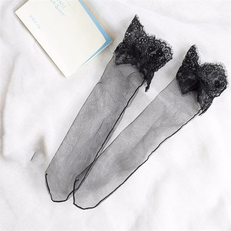 Women Black Lace Stockings Hollow Transparent Lace Stockings Pure Cotton Japanese Fleece Socks  Quilt Color Princess Socks | TageUnlimited