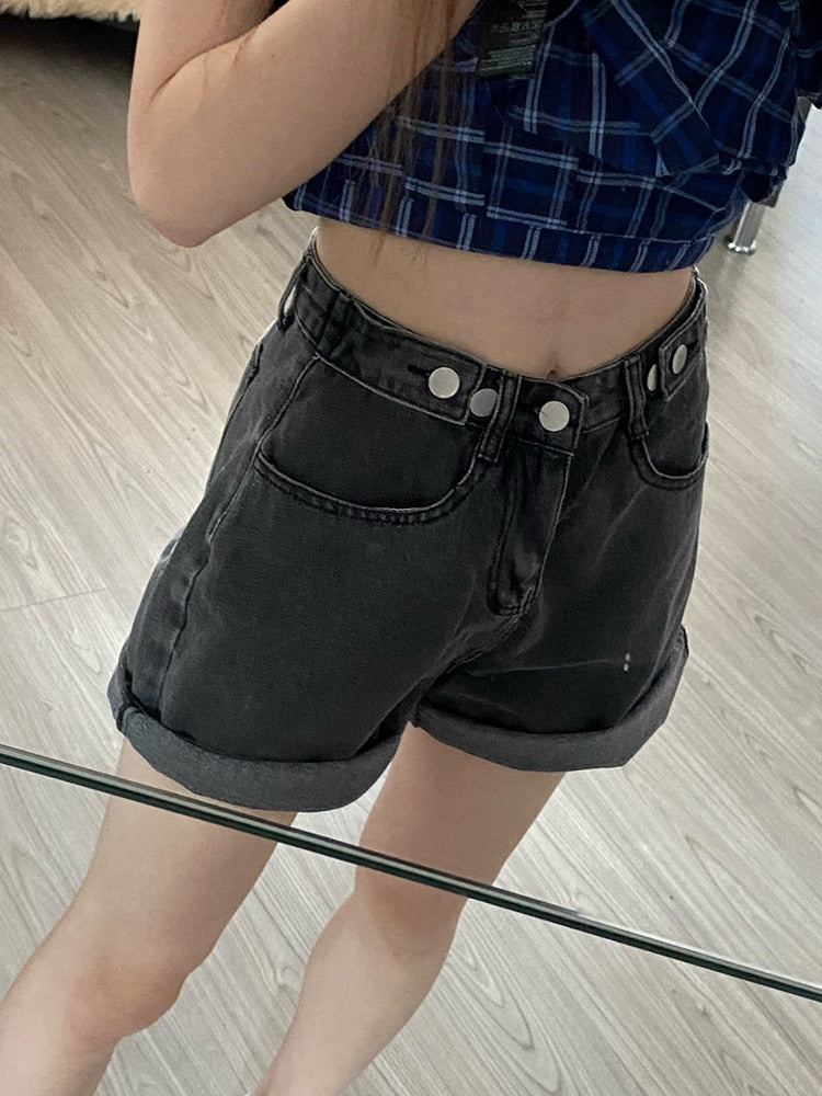 Women High Waist Button Wigh Leg Jeans Shorts Casual Female Loose Fit Blue Denim Shorts | TageUnlimited