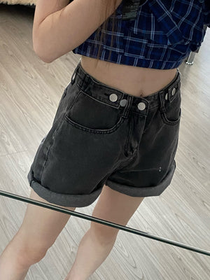 Women High Waist Button Wigh Leg Jeans Shorts Casual Female Loose Fit Blue Denim Shorts | TageUnlimited