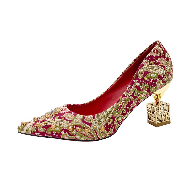 Autumn New Ladies High Heels Pointed Toe Shaped Heel High 5cm and 7cm Wedding Shoes Square Buckle Travel Banquet Shoe High Heels | TageUnlimited