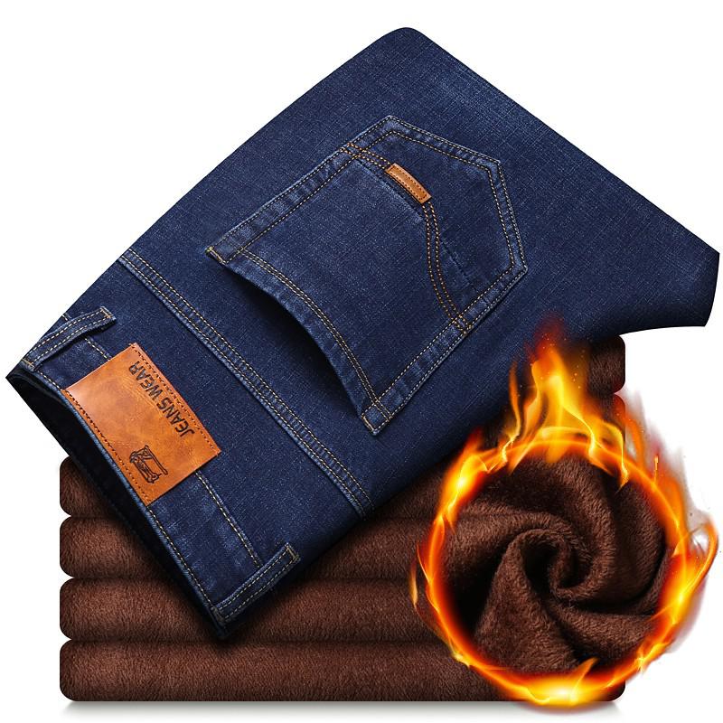 Winter Thermal Warm Flannel Stretch Jeans Mens Quality Famous Brand Fleece Pants Men Straight Flocking Trousers Jean Male | TageUnlimited