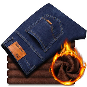 Winter Thermal Warm Flannel Stretch Jeans Mens Quality Famous Brand Fleece Pants Men Straight Flocking Trousers Jean Male | TageUnlimited