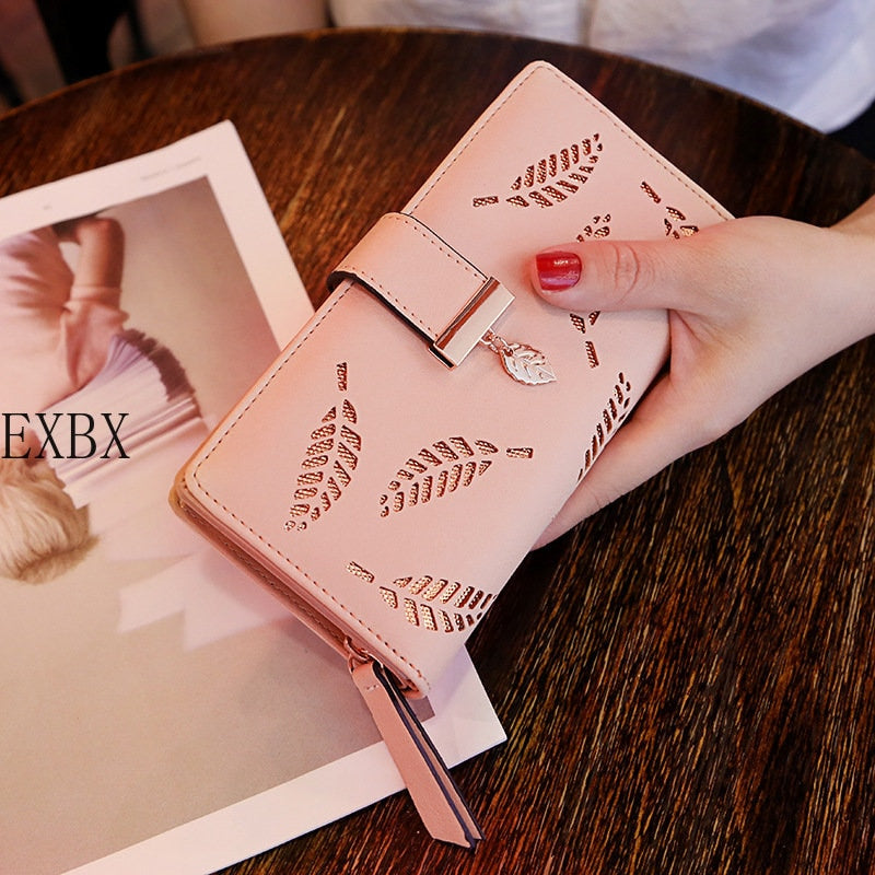 EXBX Women Wallet Hollow Golden Leaf Buckle Wallet PU Leather Purse Female Long Wallet for Women Coin Purse Card Holders Clutch | TageUnlimited