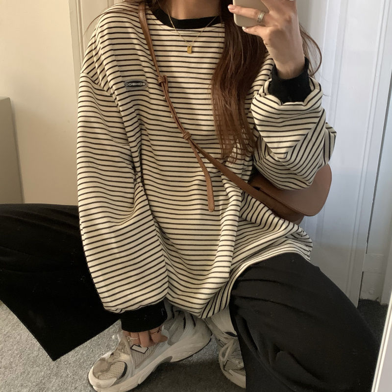 Popular Women T-shirts Striped Retro Comfort Slouchy Long Sleeve Tees Students Boyfriend Couple Trendy Females Tops Ulzzang Hot | TageUnlimited