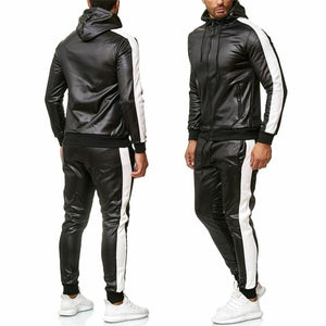 Mens Pu Leather Hoodies Set Casual Sweatsuit Hooded Jacket And Pants Jogging Suit Tracksuits | TageUnlimited