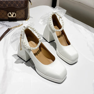 Ladies High Heels Elegant Bow Square Toe Black Fashion Women's Pumps Thick Heel Wedding Party Pearl Lace Wedding Shoes for Women | TageUnlimited