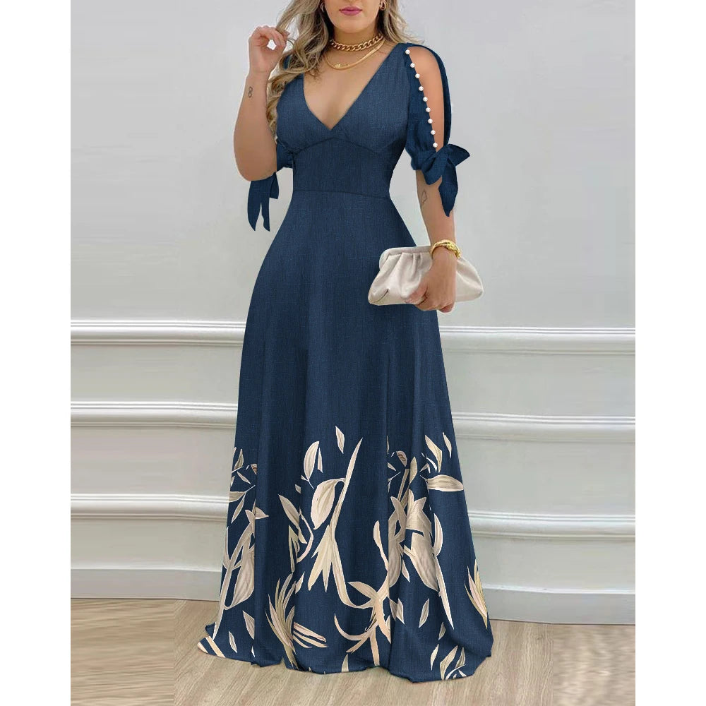 Elegant Women's Dresses Summer Fashion Split Sleeve Pearls Decor Plants Print Split Sleeve Casual V-Neck Half Sleeve Maxi Dress | TageUnlimited
