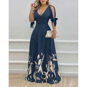 Elegant Women's Dresses Summer Fashion Split Sleeve Pearls Decor Plants Print Split Sleeve Casual V-Neck Half Sleeve Maxi Dress | TageUnlimited