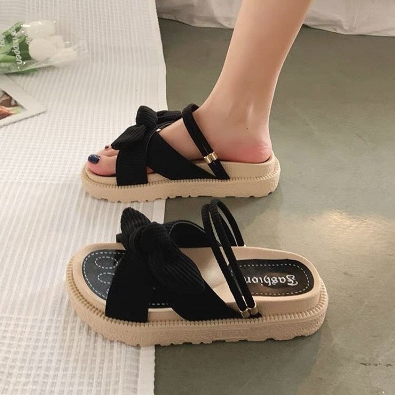 Fairy Style Lady Summer Slippers Thick Platform Flat Sandals with Butterfly-Knot Summer Flip Flops Sandals Women | TageUnlimited