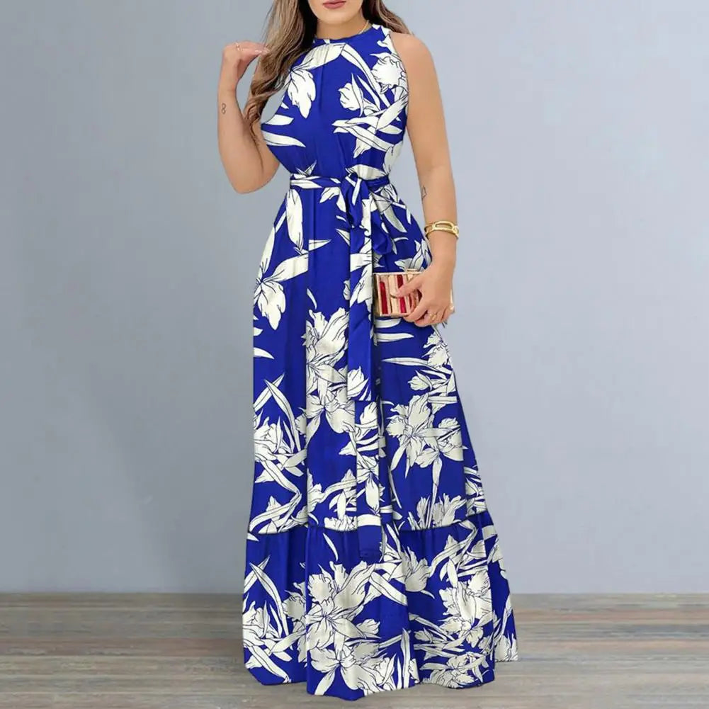 Women Maxi Dress Women Fashion Print Dress Fashionable Women's Sleeveless Maxi Dress with Loose Ruffle Stitching Hem for Summer | TageUnlimited
