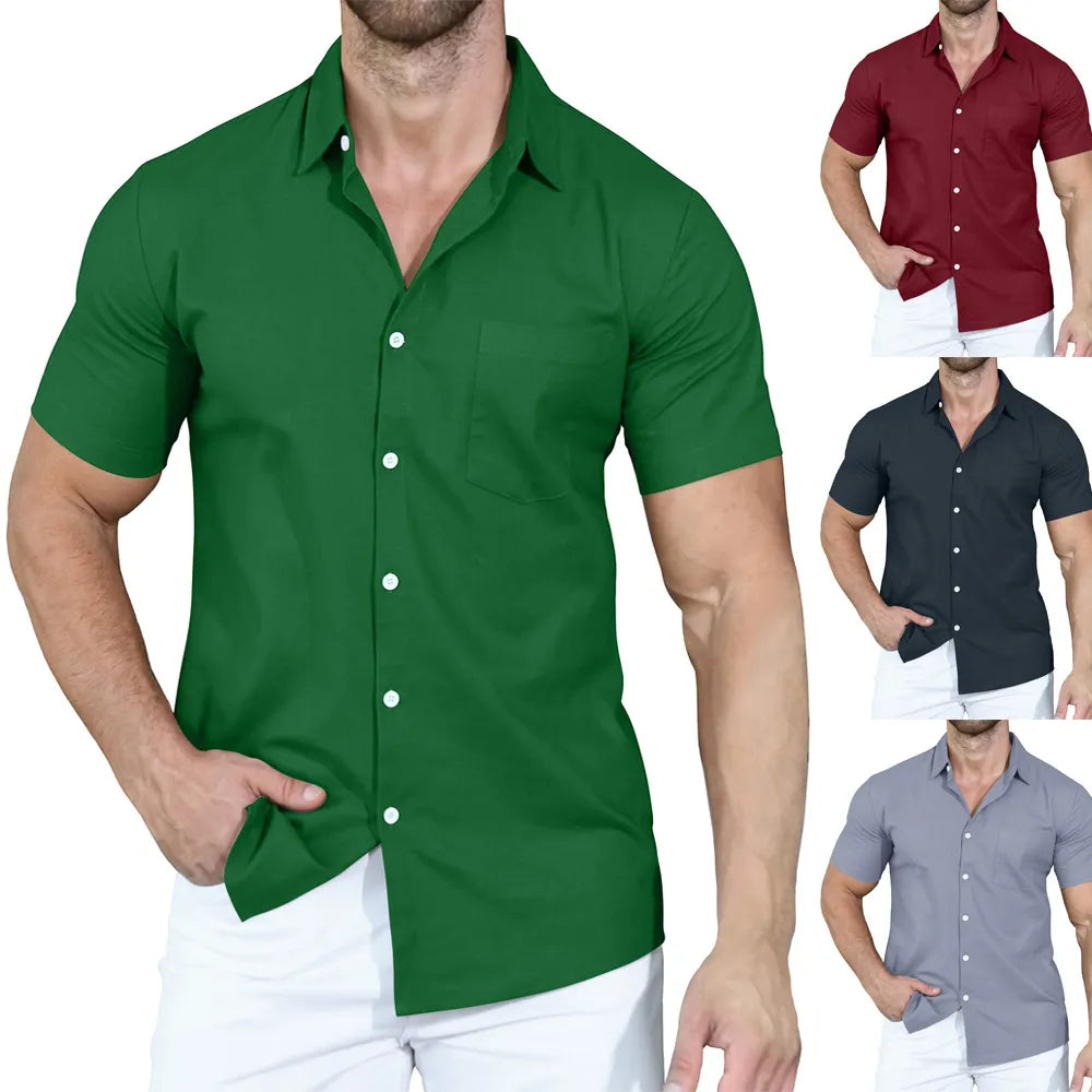 Summer New Men's Shirts Cross border Solid Color Polo Button Loose Short Sleeve Shirt for Men | Button Up Shirts | TageUnlimited