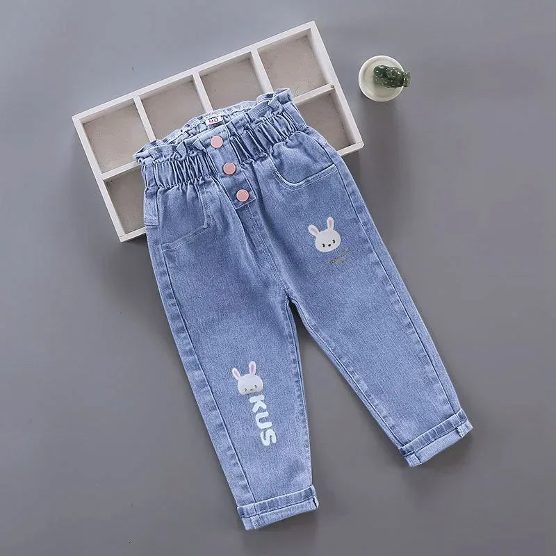Kids Girl Jeans Floral Cartoon Long Pants Spring Autumn Graffiti Painting Print Casual Trousers with Hole Children Denim Pants