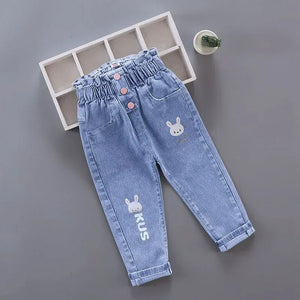 Kids Girl Jeans Floral Cartoon Long Pants Spring Autumn Graffiti Painting Print Casual Trousers with Hole Children Denim Pants