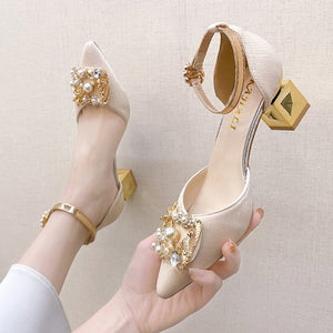 Bling Crystal High Heels Pumps Women Elegant Pearl Buckle Square Heels Wedding Party Shoes Ladies Pointed Toe Ankle Strap Pumps | TageUnlimited