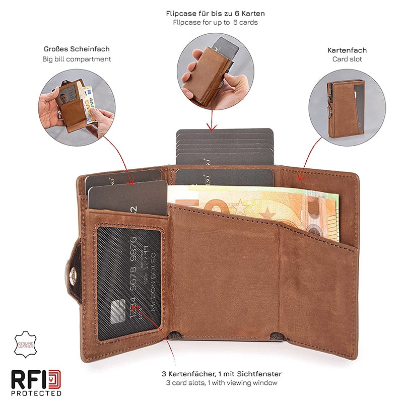 Pop-Up Credit Card Case with RFID Protection Genuine Leather  Wallet with Compartment for Notes and Coins for Men and Women | TageUnlimited