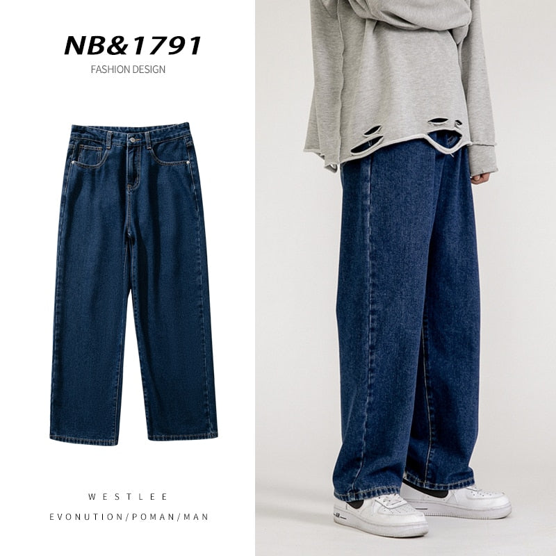 Korean Fashion Men&#39;s Baggy Jeans Classic All-match Solid Color Straight-leg Denim Wide-leg Pants Male Light Blue Grey Black | TageUnlimited