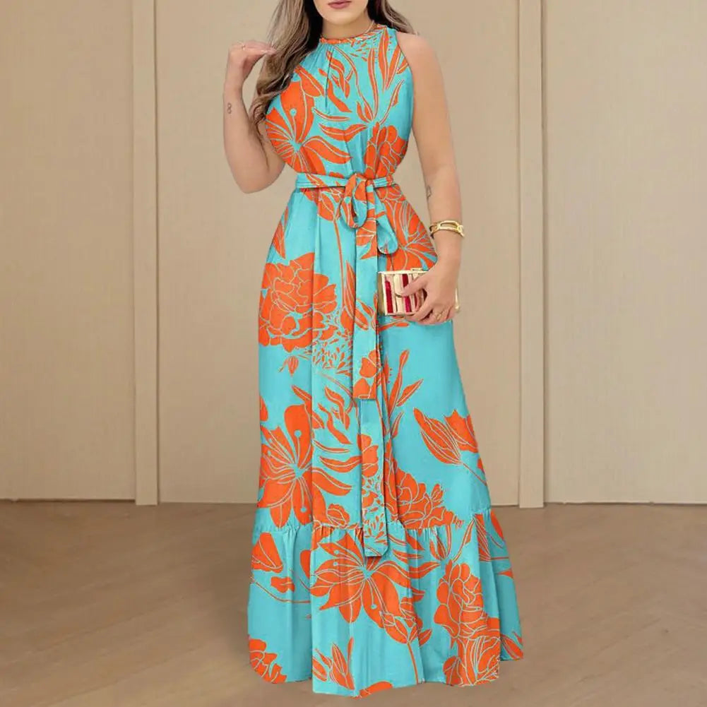 Women Maxi Dress Women Fashion Print Dress Fashionable Women's Sleeveless Maxi Dress with Loose Ruffle Stitching Hem for Summer