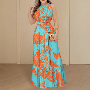 Women Maxi Dress Women Fashion Print Dress Fashionable Women's Sleeveless Maxi Dress with Loose Ruffle Stitching Hem for Summer