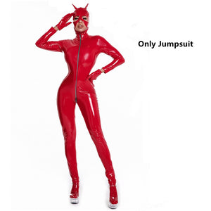 Women's Wet Look Shiny PU Faux Leather Jumpsuit Suit Long Sleeve Zipper Open Crotch Latex Bodysuit Clubwear Plus Size S-5XL | TageUnlimited